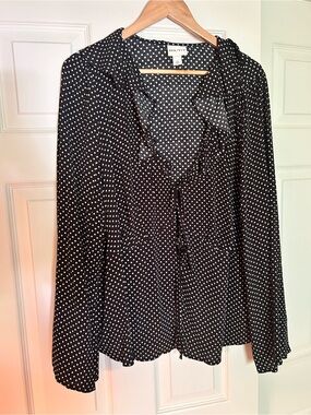 Ava & Viv Black Polka Dot Tie-Front Ruffle Blouse Plus Size 2X